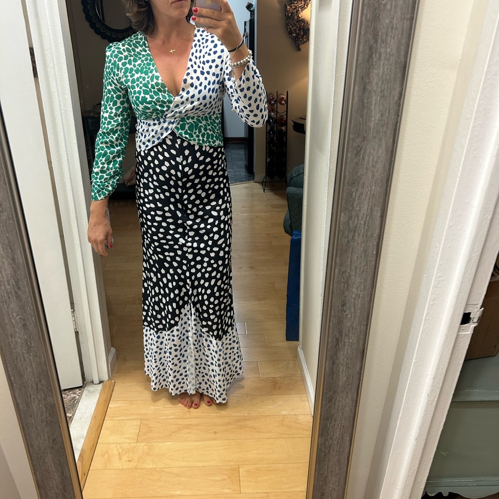 O.P.T. Green, Blue, White and Black Polka Dot Maxi Dress